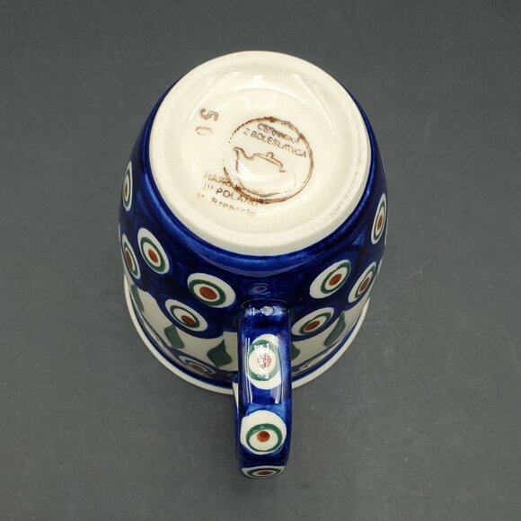 Polish Pottery Peacock Leaves Mug Peacock Blue Circles Green Stripes Mugs - Picture 6 of 7